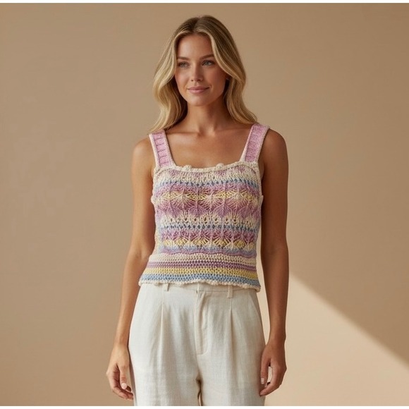 Zara Tops - Zara Pastel Crochet Knit Small Crop Top Multi Color Boho Summer Cotton Tank
